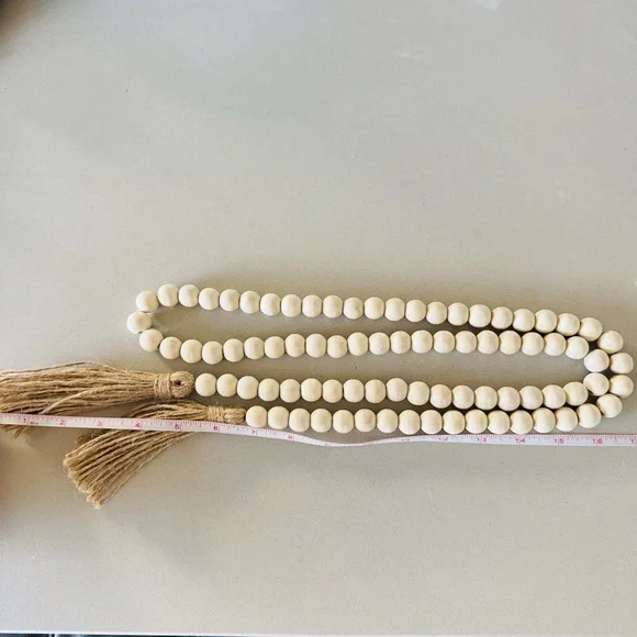 NEW POTTERY BARN White Cream Tan Wood Decor Low Bowl Knot Beads Chain Sphere - Picture 12 of 16